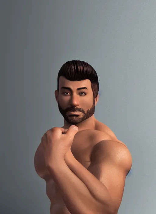 Image similar to 3 2 - year - old muscle man, short stubble, wearing short sleeve shirt and speedo, bara, character design, octane render, 8 k, portrait