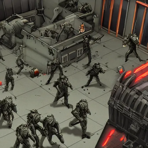 Image similar to fallout enclave fighter in power armor with a minigun in his hands shoots a crowd of zombies in the corridor of the bunker, camera view isometric, post - apocalypse, 3 d prerender, realism