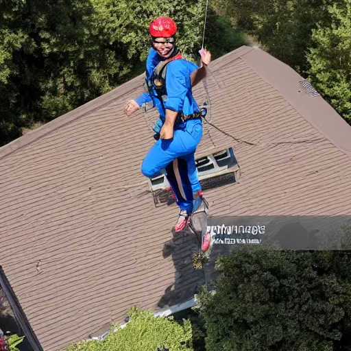 Prompt: base jumping off of roof of suburban house, tv news headline