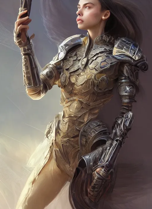 Image similar to a professional portrait of a beautiful young female, clothed in ethereal battle armor, olive skin, long dark hair, beautiful bone structure, symmetrical facial features, intricate, elegant, digital painting, concept art, smooth, sharp focus, finely detailed, illustration, from Valerian and the City of a Thousand Planets, in the style of Ruan Jia and Mandy Jurgens and Artgerm and Greg Rutkowski and William-Adolphe Bouguerea