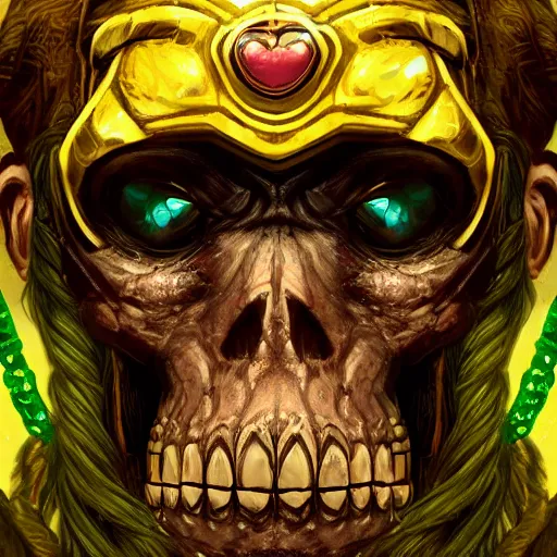 Image similar to a golden skull face monkey warrior with dreadlocks and emeralds in his forehead, Apex Legends character digital illustration portrait design, by android jones, detailed, cinematic lighting, wide angle action dynamic portrait