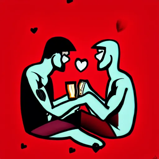 Image similar to two beautiful chad men drinking beer (red hearts), friendship, love, sadness, dark ambiance, concept by Godfrey Blow, featured on deviantart, drawing, sots art, lyco art, artwork, photoillustration, poster art