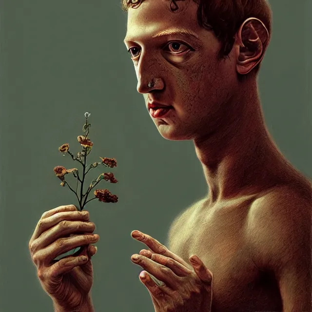 Image similar to mark zuckerberg holding a flower by hr giger and Zdzisław Beksiński, trending on artstation, realistic, detailed, concept art, horror, illustration, oil painting