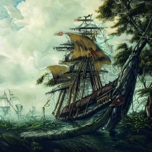 Prompt: a painting of a pirate ship in a forest, hyper detailed, moody