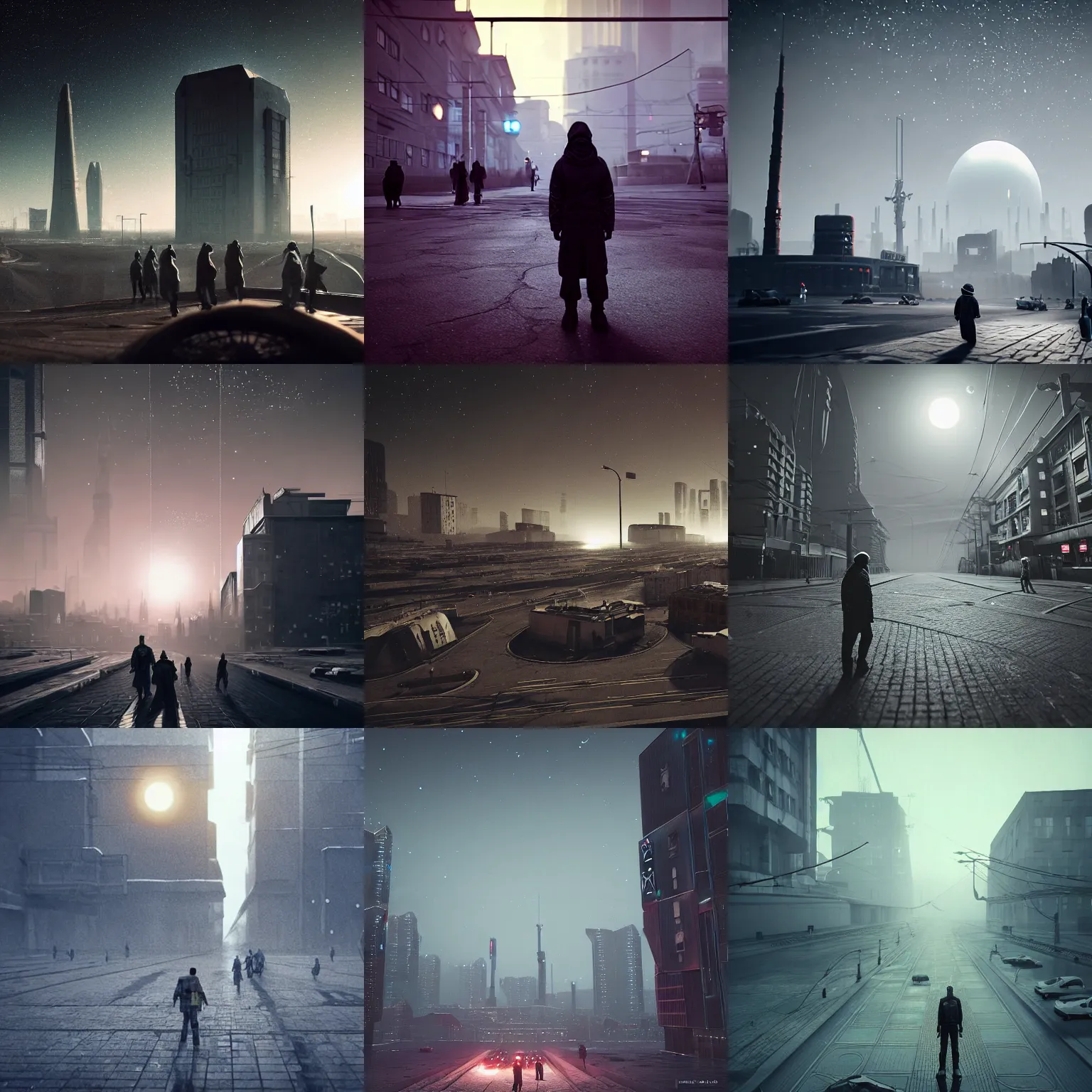 Prompt: people on the streets on a grey rock planet Soviet city, black sky full of stars, blinding sun, Neo Norilsk, Neo Kyiv, sci-fi, cyberpunk outfits, photorealistic, grainy, 35mm, intricate, very very beautiful, elegant, smooth, cinematic, Unreal Engine 5, by Beeple, trending on Artstation HD