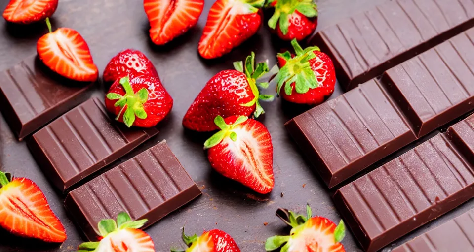 Prompt: An unwrapped gourmet dark chocolate bar, next to sliced strawberries, on a wooden tray, macro lens product photo