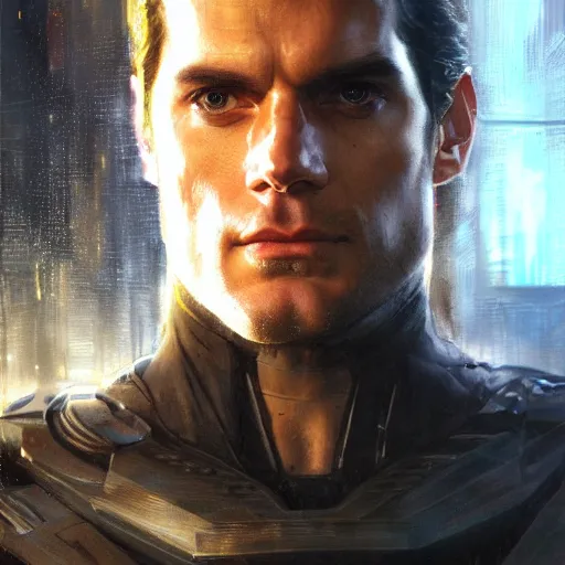 Image similar to henry cavill as a realistic scifi cyberpunk knight, closeup portrait art by donato giancola and greg rutkowski, realistic face, digital art, trending on artstation, symmetry!!!