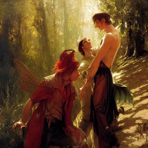 Image similar to attractive male fairy of the forest confesses his love to attractive male dracula the vampire. highly detailed painting by gaston bussiere, craig mullins, j. c. leyendecker 8 k