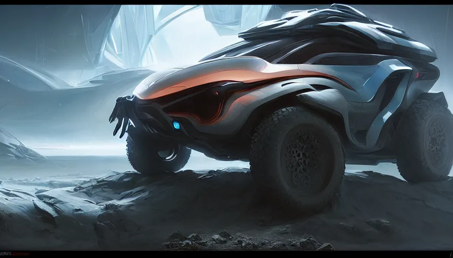 Image similar to a futuristic offroad suv by artgerm and greg rutkowski and alphonse mucha, zaha hadid, an epic fantasy, volumetric light, detailed, trending on art station, octane render, horizon forbidden west