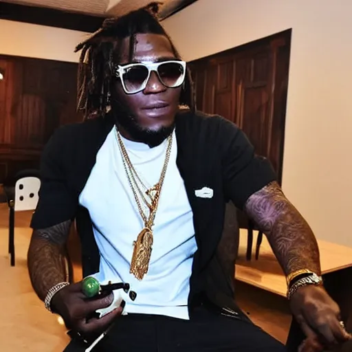 Prompt: burna boy, at church, rolling a cigarette, with a bottle of liquor next to him