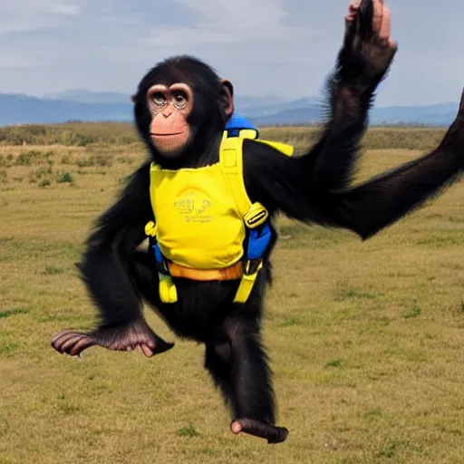 Image similar to a chimp wearing a yellow hoodie is skydiving