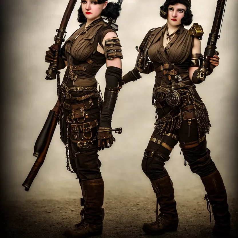 Image similar to full length photo of a very beautiful female dieselpunk warrior with weapons, 8 k, hdr, smooth, sharp focus, high resolution, award - winning photo