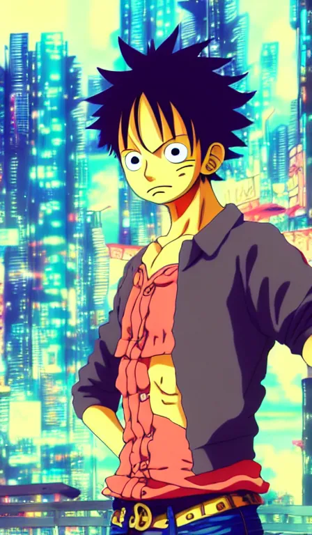 Image similar to anime fine details portrait of Luffy in front of cyberpunk moder city landscape on the background deep bokeh, close-up view, anime masterpiece by Studio Ghibli. 8k, sharp high quality anime, artstation