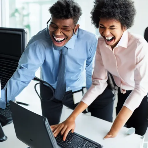 Image similar to young office workers playing around computers and laughing comic