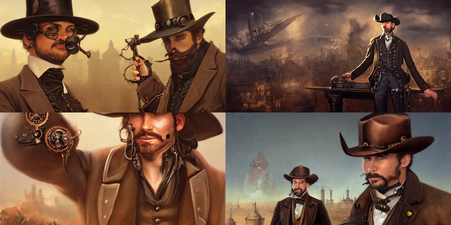 Prompt: portrait of a steampunk gentleman gunslinger in hat posing like a cowboy, matte painting of steam machines airships on background, by Antonio Caparo and tyler edlin and lindsey look, victorian, concept art, steam romance, steam-punk illustration, detailed, 4k resolution, trending on artstation