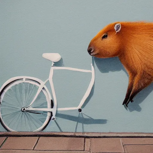 Prompt: a capybara drawing a bicycle on a white wall