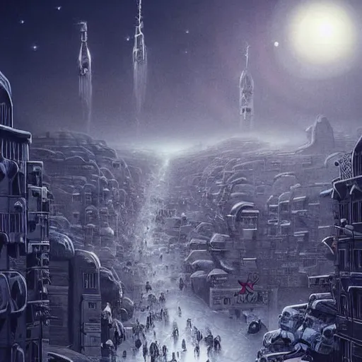 Prompt: It’s crowded on the streets of Russian commie blocks on the Moon city, Norilsk, sci-fi, fantasy, earth seen on the dark sky, intricate, very very beautiful, elegant, highly detailed composition, digital rendering, artstation, concept art, smooth, sharp focus, illustration, art by artgerm and greg rutkowski and alphonse mucha