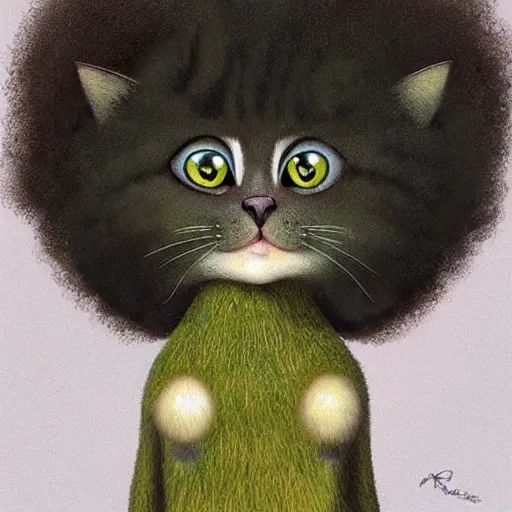 Image similar to a cute cat with large green eyes with a huge afro on its head, by aaron blaise