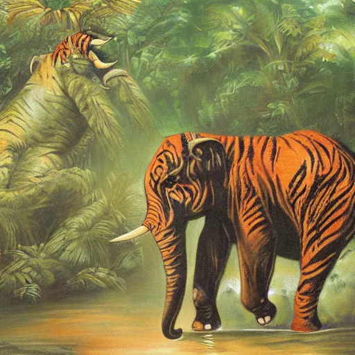 Prompt: painting of an elephant fighting with a tiger in the rain forest