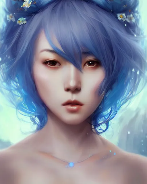 Image similar to stunningly beautiful female blue hair, cute korean actress, dj sura, fantasy art, sharp focus, digital painting, 8 k, concept art, art by wlop, artgerm, greg rutkowski and alphonse mucha