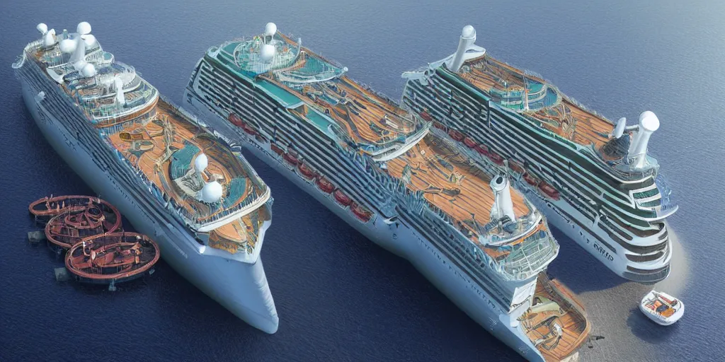 Image similar to cruise ship with vertical farm, cargo containers detailed, digital art, 8 k resolution, unreal engine, highly detailed, very detailed eyes, photorealistic by wlop, greg rutkowski, rim light, exquisite lighting, clear focus, very coherent,