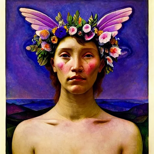 Prompt: the flower crown, by annie swynnerton and nicholas roerich and diego rivera, bioluminescent skin, tattoos, wings made out of flowers, elaborate costume, geometric ornament, symbolist, cool colors like blue and green and violet, smooth, sharp focus, extremely detailed