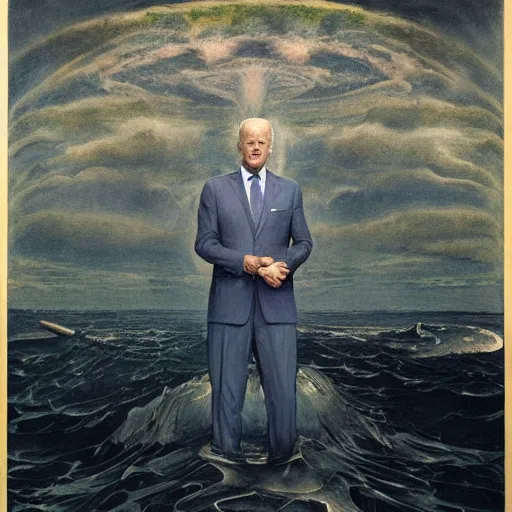 Image similar to terrifying, surreal portrait of joe biden standing up to his shoulders in turbulent, shadowy water by j. c. leyendecker, bosch, william blake, stephen gammell, jon mcnaughton, and beksinski