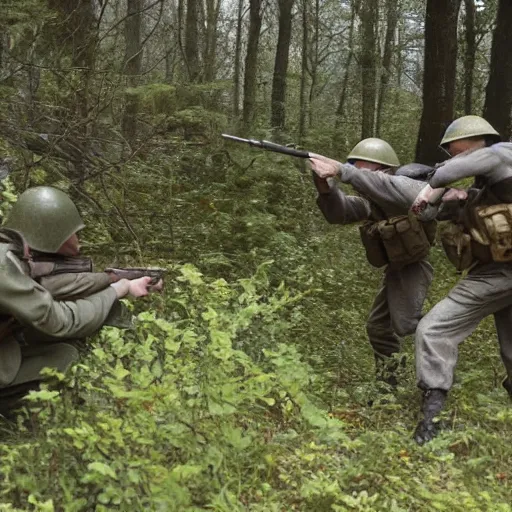 Image similar to ww 2 battlefield encounter in the woods between 2 american soldiers and a german soldier