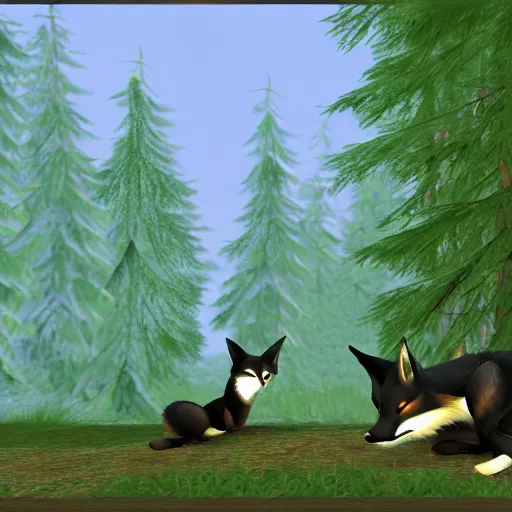 Prompt: second life in game screenshot of black foxes cuddling next to each other in a cozy forest, 4 k