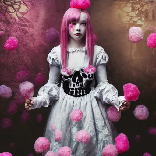 Image similar to 8 k, octane render, realism, tonalism, renaissance, rococo, baroque, portrait of a creepy young lady wearing long - harajuku manga - dress with flowers! and skulls, cotton candy