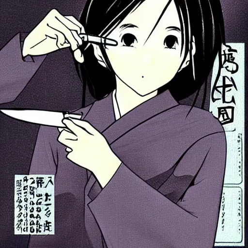 Image similar to “Detailed manga art of a beautiful Japanese girl holding a knife; loving expression; school uniform; high contrast; clean, sharp”