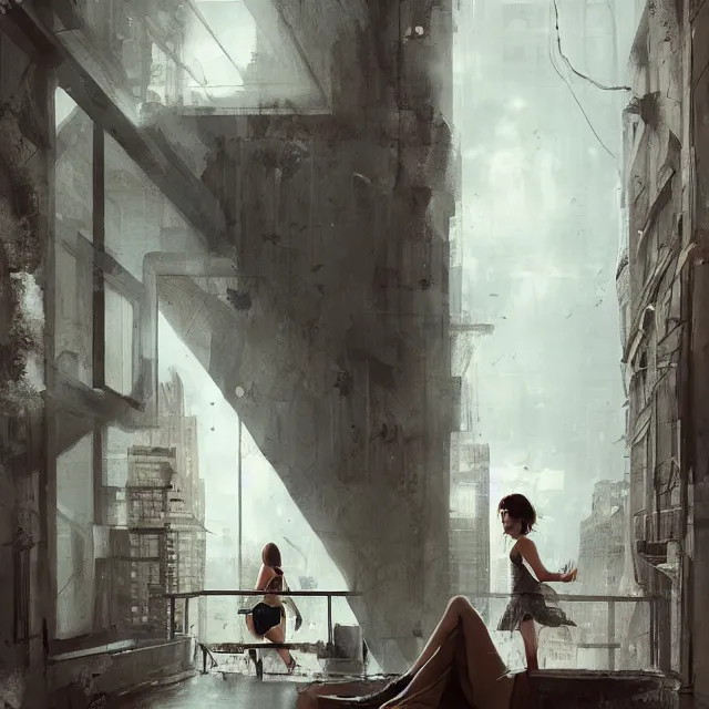 Image similar to window, woman, buildings, surprise, scared, couch by wlop, artgerm, greg rutkowski, evocative, highly detailed