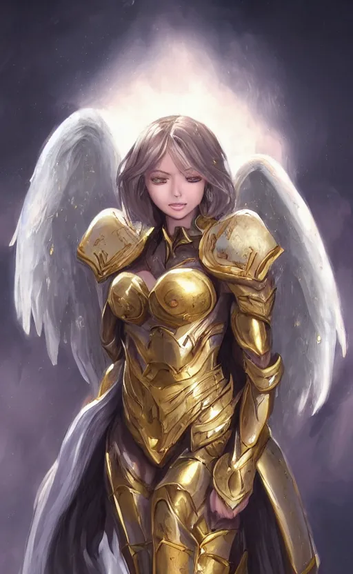 Image similar to Concept art, angel knight girl in golden and silver armor adorned with sapphire gems, artstation trending, cinematic, highly detailded