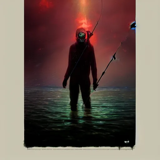 Image similar to UHD photorealistic Cosmic Zombie fishing in a radioactive lake of fire, in the style of tonalism by Greg Rutkowski, trending on Artstation, hyperrealistic, correct details, accurate face