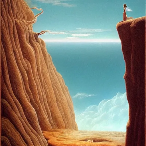 Image similar to a hyperrealistic painting of a beautiful woman with flowing robes standing on the edge of a tall cliff, blue skies, swirling clouds, by john kenn mortensen and zdzislaw beksinski, highly detailed, vivid color,