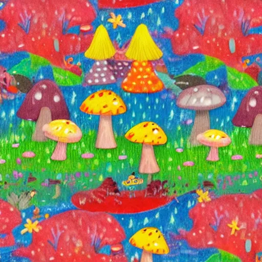 Prompt: a bright magic forest, with multicolored mushrooms and forest creatures dancing in the rain