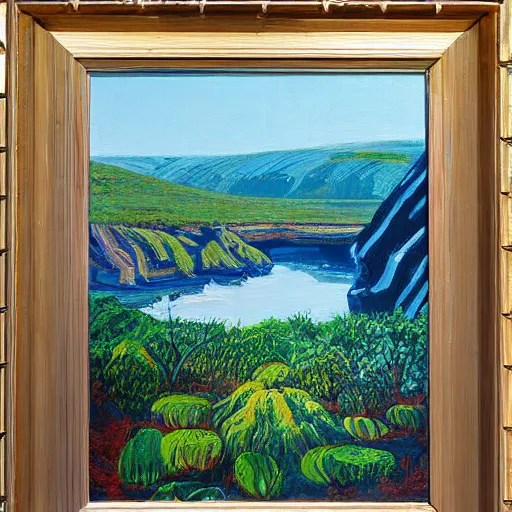 Image similar to painting of a lush natural scene on an alien planet by wayne thiebaud. beautiful landscape. weird vegetation. cliffs and water.