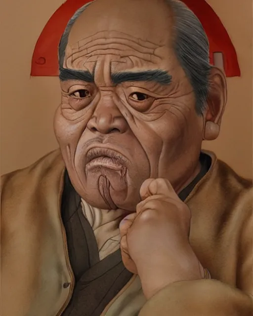 Image similar to real life Uncle Iroh, drinking from a cup of tea, gentle smile, overweight, beautiful, very detailed, hyperrealistic, medium shot, very detailed painting by Glenn Fabry, by Joao Ruas