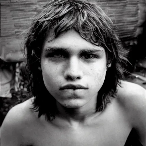 Image similar to a teenage boy, around 1 9 years old with natural brown hair, loincloth, pale skin. as homeless. detailed face. slums in background. natural color. hyperrealistic photo.