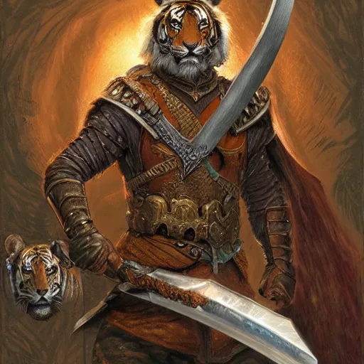 Image similar to Swordsman with the head of a tiger as a fantasy D&D character, portrait art by Donato Giancola and James Gurney, digital art, trending on artstation