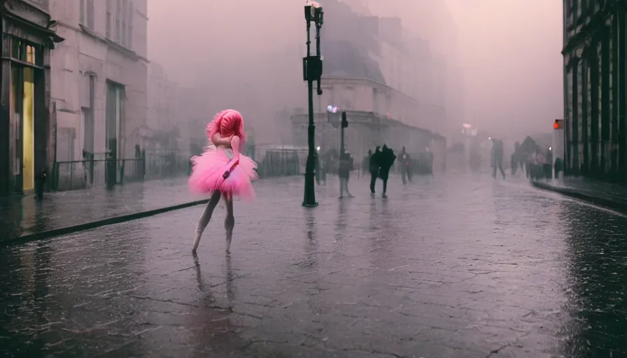 Image similar to street of paris photography, night, rain, mist, a prima ballerina with pink hair, cinestill 8 0 0 t, in the style of william eggleston