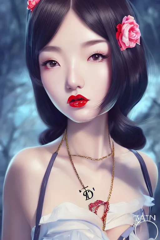 Image similar to a pin up and beautiful fashion dreamlke japan girl with lv jewelry, character art, art by artgerm and wlop and and ilya kuvshinov, hyperdetailed, 8 k realistic, symmetrical, frostbite 3 engine, cryengine, dof, trending on artstation, digital art, chanel, dior, fantasy background