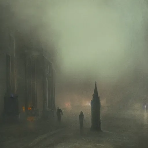 Image similar to A burning building on a foggy night with figures standing in the fog, gothic art, color, detailed