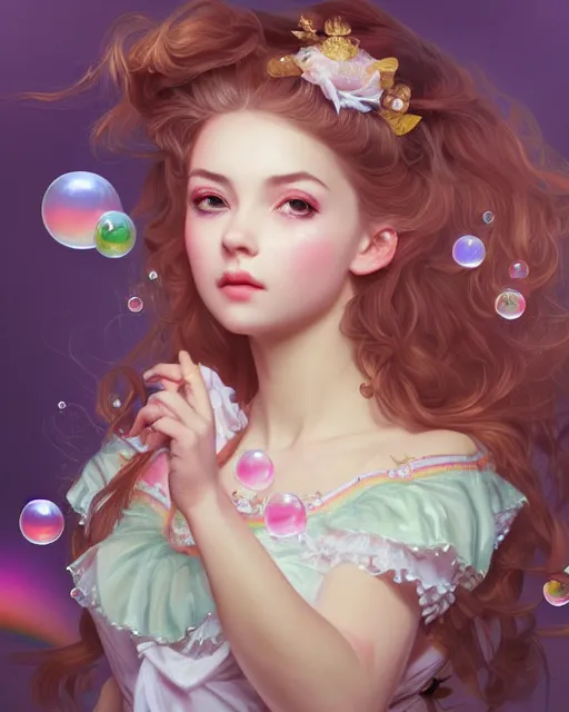 Image similar to portrait of magical lolita girl, dreamy and ethereal, expressive pose, big gold eyes, exciting expression, fantasy, intricate, elegant, many rainbow bubbles, rose tones, highly detailed, digital painting, artstation, concept art, cyberpunk wearing, smooth, sharp focus, illustration, art by artgerm and greg rutkowskiand alphonse mucha