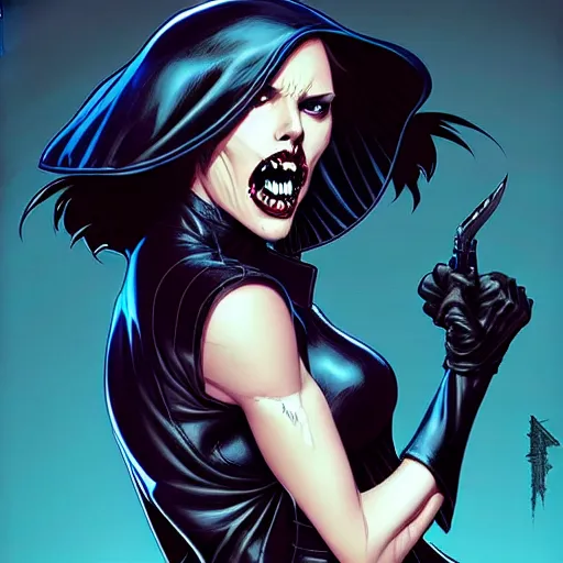 Prompt: rafael albuquerque comic art, peter mohrbacher, steve niles, artgerm, pretty elizabeth olson vampire sharp vampire teeth open mouth, symmetrical eyes, black leather jacket, jeans, long blonde hair