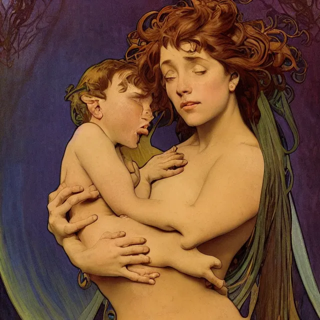 Image similar to an aesthetic! detailed portrait of an aesthetic woman crying mournfully while holding a child, by frank frazetta and alphonse mucha, oil on canvas, bright colors, art nouveau, epic composition, dungeons and dragons fantasy art, hd, god - rays, ray - tracing, crisp contour - lines, huhd - 8 k