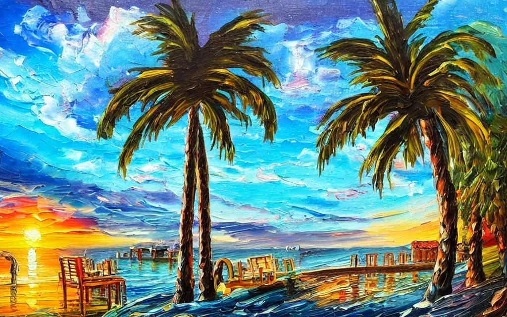 Prompt: a sea with a tiny island with a cute cozy cottage with a terrace, a paved garden courtyard with benches and a fountain, palm trees, river, sunset, puffy clouds, dramatic and dynamic lighting, thick brush strokes oil impasto painting