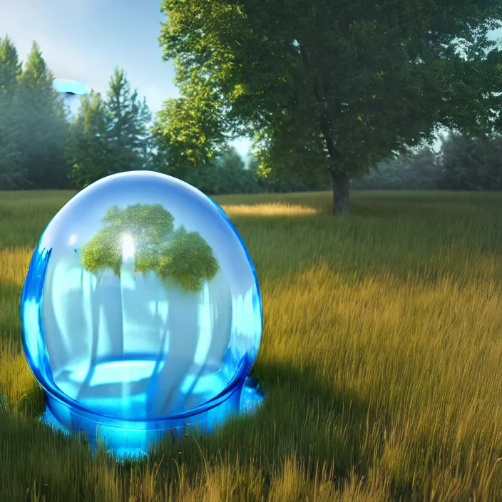 Image similar to render of one huge fantasy transparent translucent bluish slime in the meadow. fantasy, high details, masterpiece, cgsociety, octane render, 8 k, volumetric lighting, photorealism, translucent raytracing, artstation contest winner