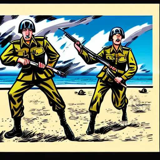 Image similar to a comic book art rendition of world war ii soldiers fighting on a beach