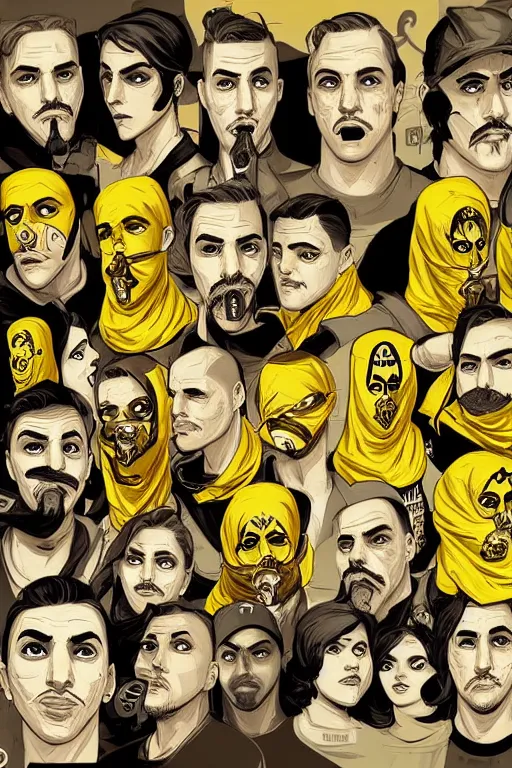 Image similar to saints street gang wear yellow bandanas, and some of them have thick mustachesdigital art, artgrem, illustration, concept art, pop art style, dynamic comparison, fantasy, bioshock art style, gta chinatowon art style, hyper realistic, face and body features, without duplication noise, hyperdetails, differentiation, sharp focus, intricate